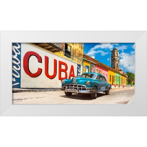 Vintage car and mural- Cuba White Modern Wood Framed Art Print by Pangea Images