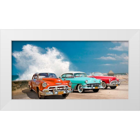 Cars in Avenida de Maceo- Havana- Cuba White Modern Wood Framed Art Print by Pangea Images