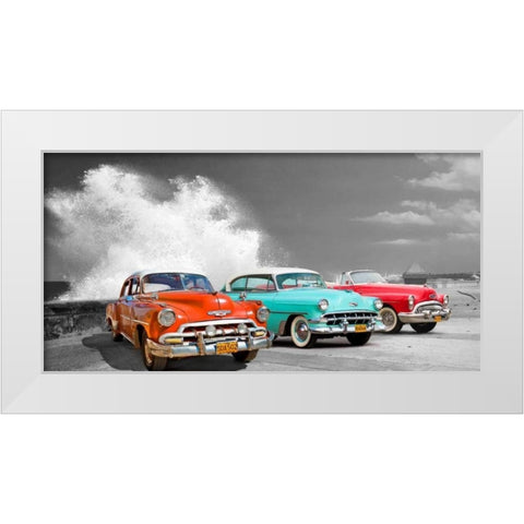 Cars in Avenida de Maceo- Havana- Cuba White Modern Wood Framed Art Print by Pangea Images