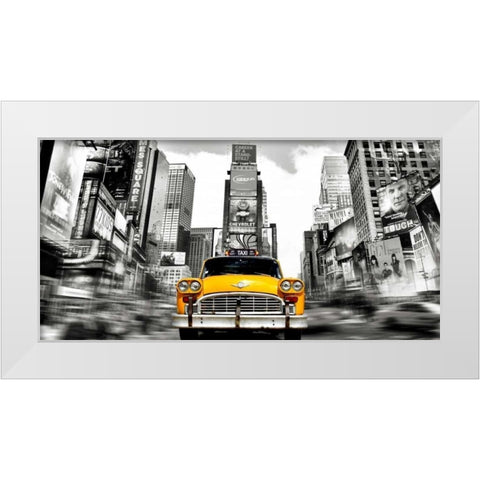 Vintage Taxi in Times Square, NYC White Modern Wood Framed Art Print by Lauren