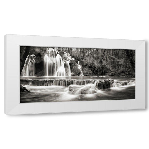 Waterfall in a forest (BW) White Modern Wood Framed Art Print by Pangea Images
