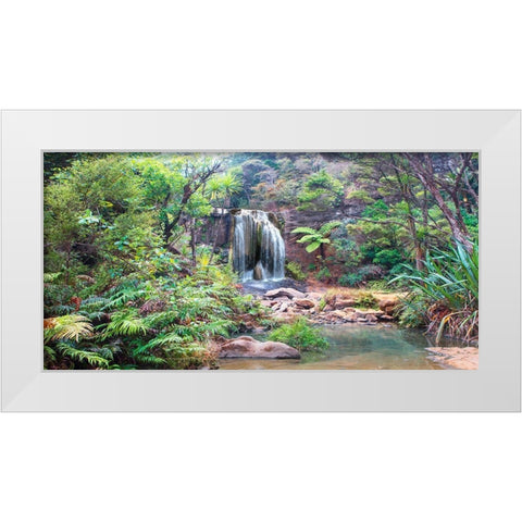 Rainforest waterfall White Modern Wood Framed Art Print by Pangea Images