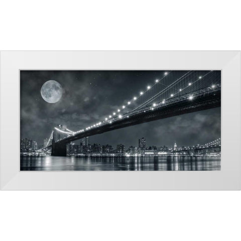 Brooklyn Bridge at Night - New York White Modern Wood Framed Art Print by Lacis, Janis