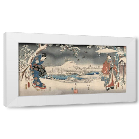 Snowy landscape with a woman and a man 1853 White Modern Wood Framed Art Print by Hiroshige, Ando