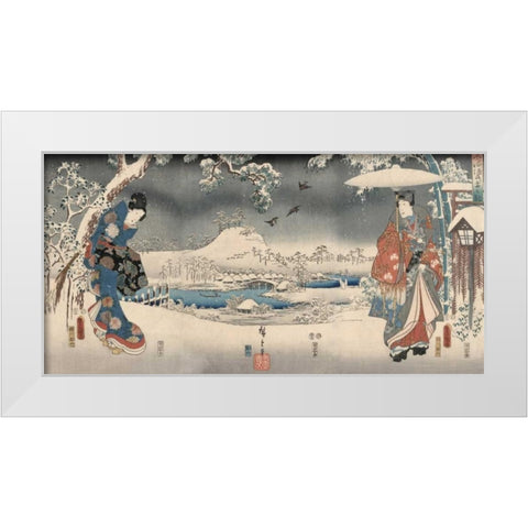 Snowy landscape with a woman and a man 1853 White Modern Wood Framed Art Print by Hiroshige, Ando
