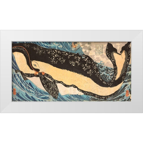 Miyamoto No Musashi Attacking the Giant Whale White Modern Wood Framed Art Print by Kuniyoshi, Utagawa
