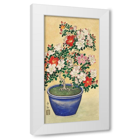 Blooming azalea in blue pot White Modern Wood Framed Art Print by Koson, Ohara
