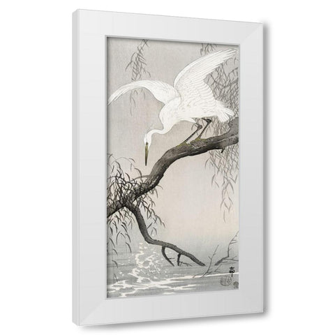 White heron on tree branch White Modern Wood Framed Art Print by Koson, Ohara