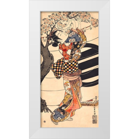 Hanging poems on a cherry tree White Modern Wood Framed Art Print by Ishikawa, Toyonobu