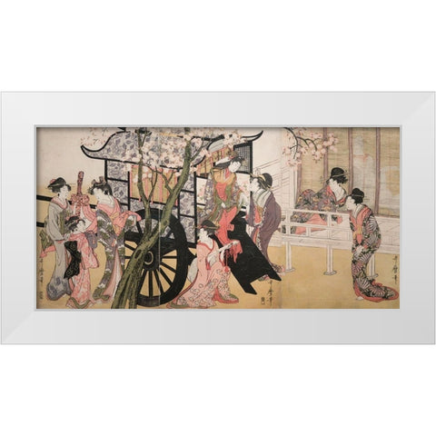 Courtesans admiring cherry blossoms White Modern Wood Framed Art Print by Kitagawa, Utamaro