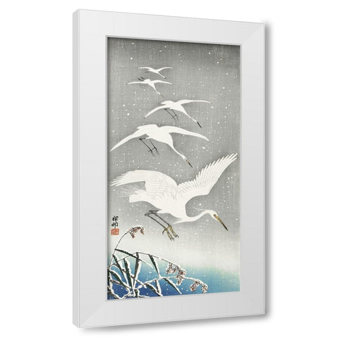 Descending egrets in snow White Modern Wood Framed Art Print by Koson, Ohara