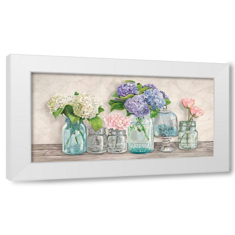 Flowers in Mason Jars White Modern Wood Framed Art Print by Jenny, Thomlinson