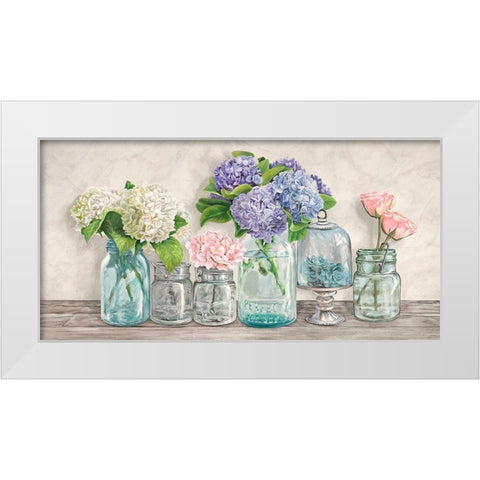 Flowers in Mason Jars White Modern Wood Framed Art Print by Jenny, Thomlinson