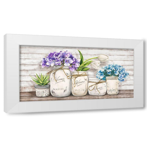 Hydrangeas in Mason Jars White Modern Wood Framed Art Print by Jenny, Thomlinson