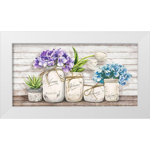 Hydrangeas in Mason Jars White Modern Wood Framed Art Print by Jenny, Thomlinson