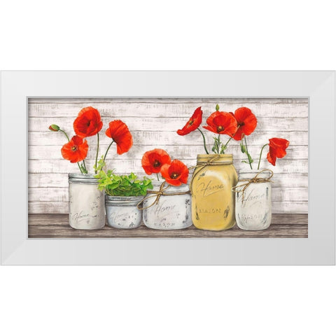 Poppies in Mason Jars White Modern Wood Framed Art Print by Jenny, Thomlinson