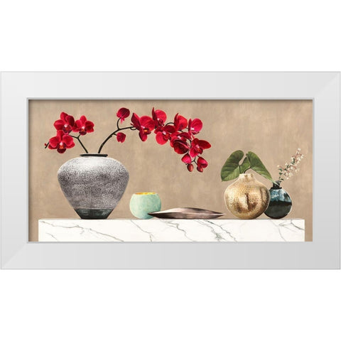 Red Orchids on White Marble White Modern Wood Framed Art Print by Thomlinson, Jenny