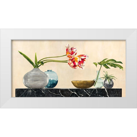 Floral Setting on Black Marble White Modern Wood Framed Art Print by Thomlinson, Jenny