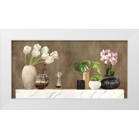 Floral Setting on White Marble White Modern Wood Framed Art Print by Thomlinson, Jenny