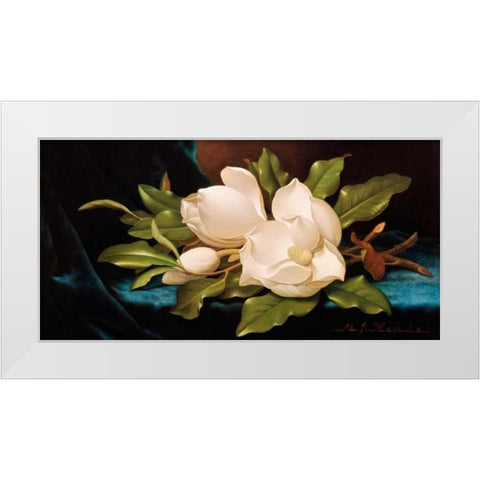 Giant Magnolias on Blue Cloth White Modern Wood Framed Art Print by Heade, Martin Johnson