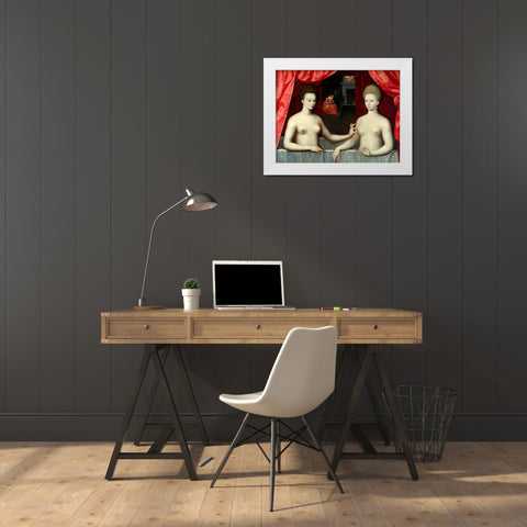 Gabrielle dEstrees and her Sister White Modern Wood Framed Art Print by School of Fontainebleau