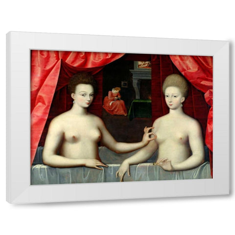 Gabrielle dEstrees and her Sister White Modern Wood Framed Art Print by School of Fontainebleau