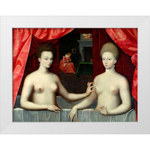 Gabrielle dEstrees and her Sister White Modern Wood Framed Art Print by School of Fontainebleau