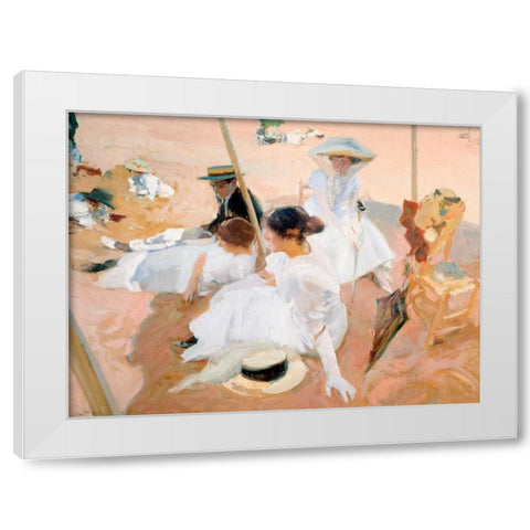 Under the awning, on the Beach at Zarauz White Modern Wood Framed Art Print by Sorolla y Bastida, Joaquin