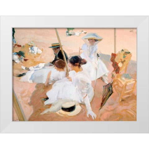 Under the awning, on the Beach at Zarauz White Modern Wood Framed Art Print by Sorolla y Bastida, Joaquin