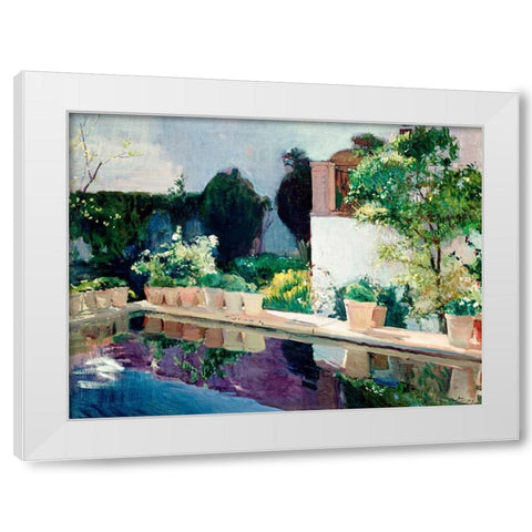 Palace of Pond, Royal Gardens in Seville White Modern Wood Framed Art Print by Sorolla y Bastida, Joaquin