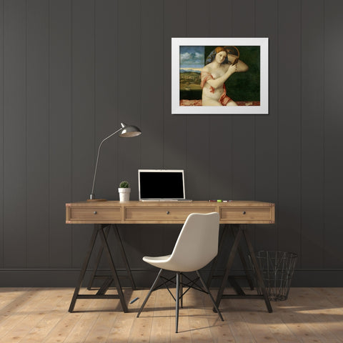 Giovane donna allo specchio White Modern Wood Framed Art Print by Bellini, Giovanni