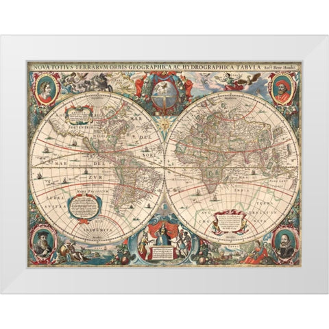 Nova totius Terrarum Orbis geographica ac hydrographica tabula White Modern Wood Framed Art Print by Hondius, Hendrik