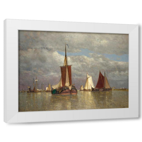 Ships lying near Dordrecht White Modern Wood Framed Art Print by Clays, Paul Jean