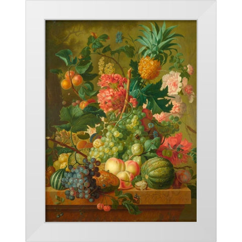 Fruit and Flowers White Modern Wood Framed Art Print by van Brussel, Paulus Theodorus