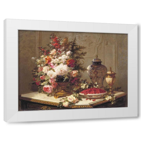 Floral composition on a table (detail) White Modern Wood Framed Art Print by Robie, Jean-Baptiste