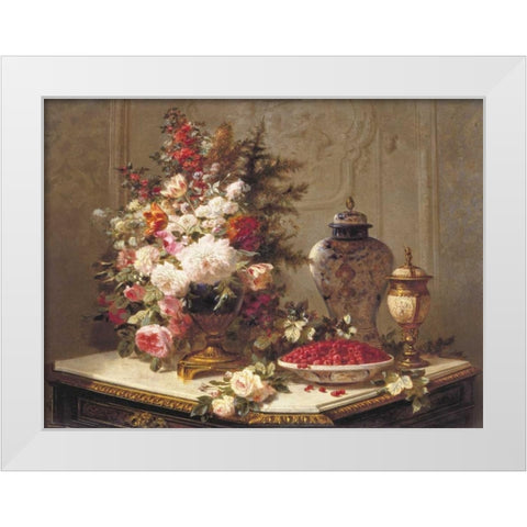 Floral composition on a table (detail) White Modern Wood Framed Art Print by Robie, Jean-Baptiste
