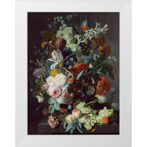 Still Life with Flowers and Fruit White Modern Wood Framed Art Print by Jan, van Huysum