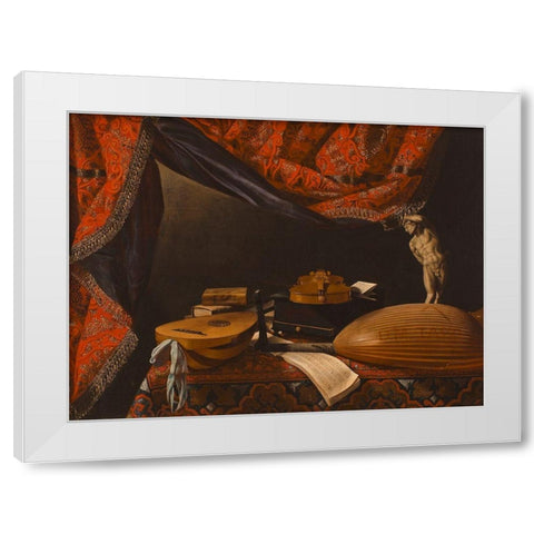 Still Life with Musical Instruments, Books and Sculpture White Modern Wood Framed Art Print by Evaristo, Baschenis