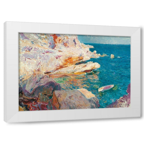 Rock at Javea and the White Boat  White Modern Wood Framed Art Print by Bastida, Joaquin Sorolla y