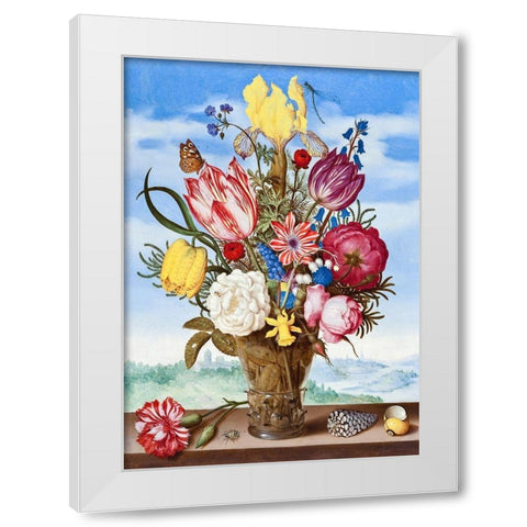 Bouquet of Flowers on a Ledge White Modern Wood Framed Art Print by Bosschaert, Ambrosius the Elder