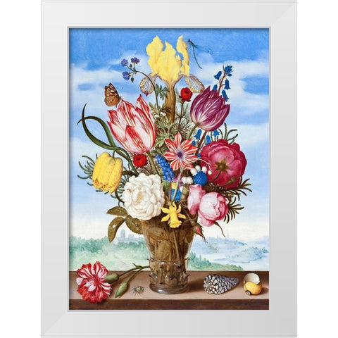 Bouquet of Flowers on a Ledge White Modern Wood Framed Art Print by Bosschaert, Ambrosius the Elder