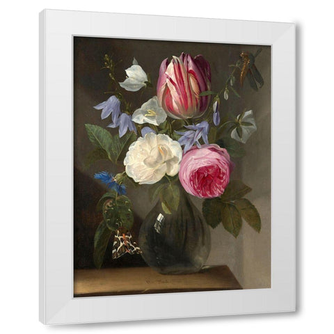 Roses and a Tulip in a Glass Vase White Modern Wood Framed Art Print by van Thielen, Jan Philips
