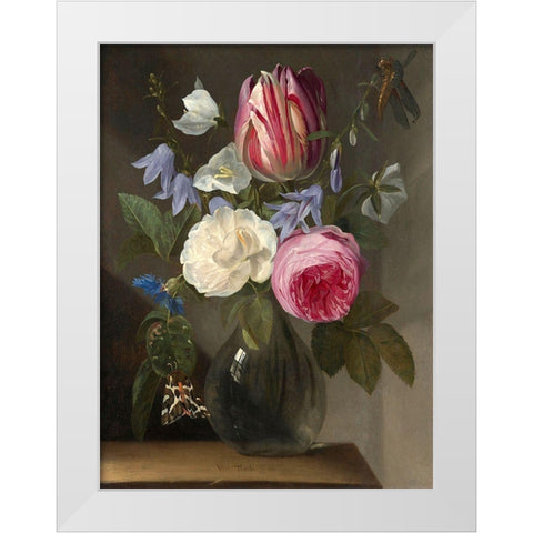 Roses and a Tulip in a Glass Vase White Modern Wood Framed Art Print by van Thielen, Jan Philips