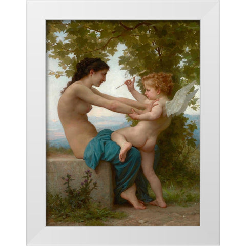 A Young Girl Defending Herself against Eros White Modern Wood Framed Art Print by Bouguereau, William-Adolphe