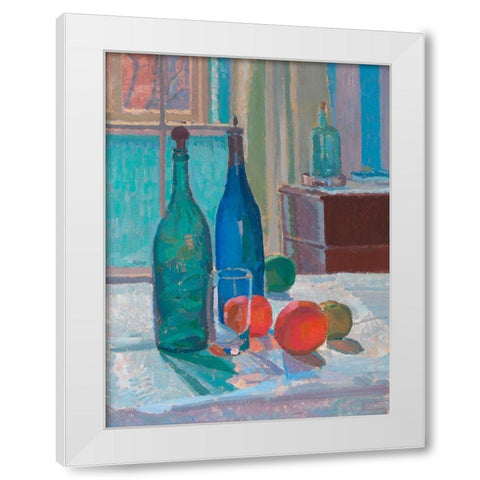 Blue and Green Bottles and Oranges White Modern Wood Framed Art Print by Gore, Spencer Frederick