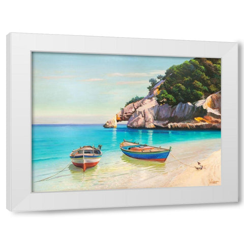 Barche nella caletta- Sardegna White Modern Wood Framed Art Print by Galasso, Adriano