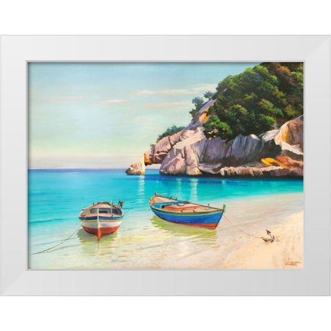 Barche nella caletta- Sardegna White Modern Wood Framed Art Print by Galasso, Adriano