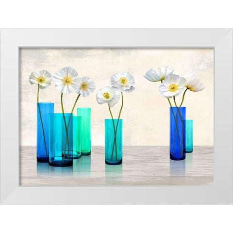 Poppies in crystal vases (Aqua palette) White Modern Wood Framed Art Print by Cynthia, Ann