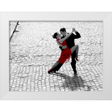 Couple dancing Tango on cobblestone road White Modern Wood Framed Art Print by Anonymous