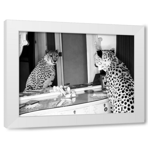 Cheetah looking in mirror White Modern Wood Framed Art Print by Rian, Emma